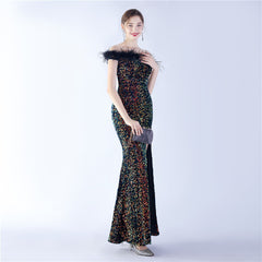 Off-Shoulder Sequin Feather Maxi Dress