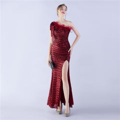 Sequined One-Shoulder Ostrich-Feather Maxi Dress