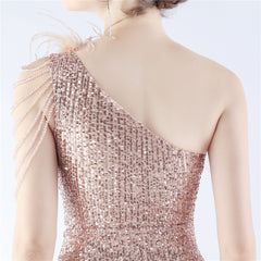 One-Shoulder Ombre Sequin Feather Dress
