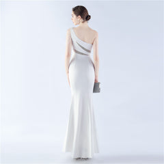 One-Shoulder Rhinestone Diagonal Collar Maxi Dress