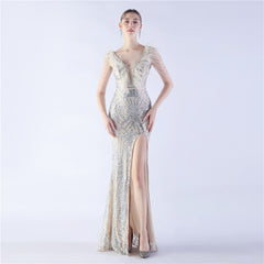 Ostrich Feather Beaded Maxi Dress