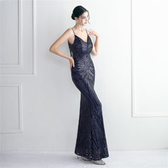 V-Neck Sequined Beaded Maxi Dress