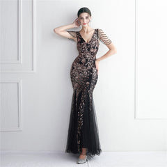 Sequined Beaded Fishtail Maxi Dress