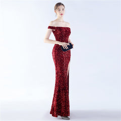 Off-Shoulder Sequin Split Maxi Dress