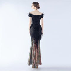 Off-Shoulder Ostrich Feather Sequin Maxi Dress