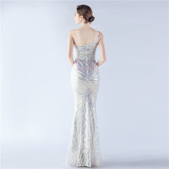 One-Shoulder Sequined Ostrich Feather Dress