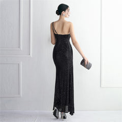 Sequin One-Shoulder Fishtail Maxi Dress
