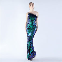 One-Shoulder Sequined Ostrich Feather Dress