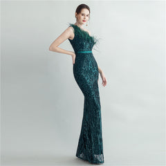One-Shoulder Feather Maxi Dress