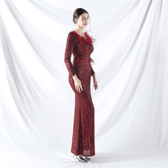 Ostrich Feather Sequin Split Maxi Dress