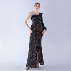 One-Shoulder Ostrich Feather Sequin Maxi Dress