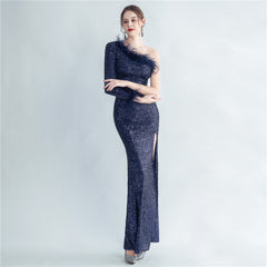 Ostrich Feather One-Shoulder Maxi Dress