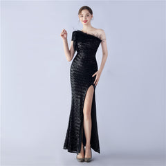 Sequined One-Shoulder Ostrich-Feather Maxi Dress