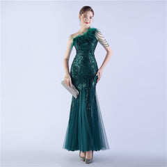 Beaded Sequined Ostrich Feather Maxi Dress