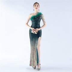 One-Shoulder Ombre Sequin Feather Dress