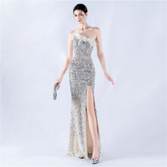 One-Shoulder Sequin Feather Maxi Dress