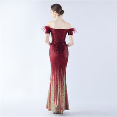 Off-Shoulder Ostrich Feather Sequin Maxi Dress