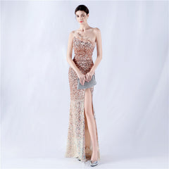 One-Shoulder Sequin Feather Maxi Dress