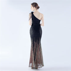 One-Shoulder Ombre Sequin Feather Dress