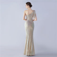 Sequined One-Shoulder Ostrich-Feather Maxi Dress