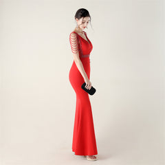 Beaded Deep-V Bodycon Maxi Dress