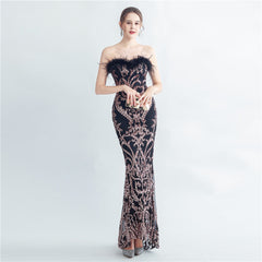 Ostrich Feather Strapless Maxi Dress