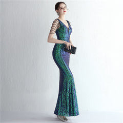 Sequined V-Neck Fishtail Maxi Dress