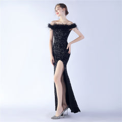 Off-Shoulder Sequin Feather Maxi Dress