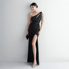 One-Shoulder Sequined Beaded Fishtail Maxi Dress