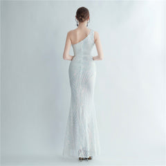 One-Shoulder Sequin Feather Maxi Dress