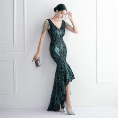 Sequined Beaded Fishtail Maxi Dress