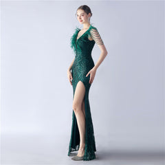 Ostrich Feather Beaded Maxi Dress