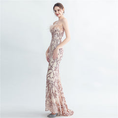 Ostrich Feather Strapless Maxi Dress