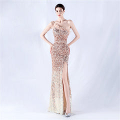 One-Shoulder Feathered Sequined Maxi Dress