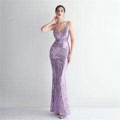 V-Neck Sequin Lace Maxi Dress