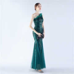 Ostrich Feather Sequined One-Shoulder Maxi Dress