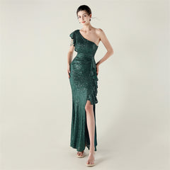 One-Shoulder Beaded Sequined Maxi Dress