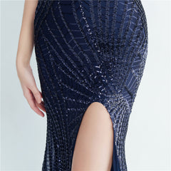 One-Shoulder Sequin Feather Maxi Dress