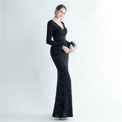 Sequined Feather Cuff Fishtail Maxi Dress