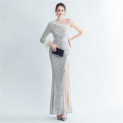 Ostrich Feather One-Shoulder Maxi Dress