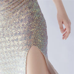 Sequined One-Shoulder Ostrich-Feather Maxi Dress