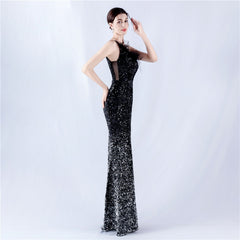 One-Shoulder Sequin Feather Maxi Dress