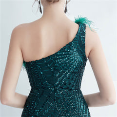 One-Shoulder Sequin Feather Maxi Dress
