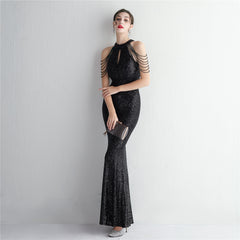 Sequined Halter Fishtail Maxi Dress