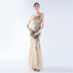Ostrich Feather Sequined One-Shoulder Maxi Dress