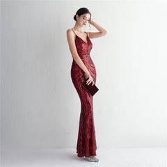 V-Neck Sequin Lace Maxi Dress