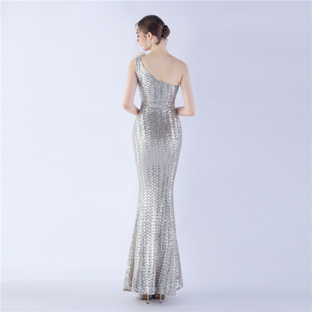 Asymmetric One-Shoulder Sequined Maxi Dress