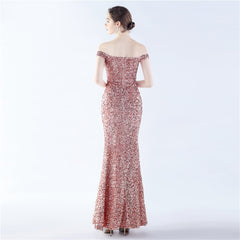 Off-Shoulder Sequin Split Maxi Dress