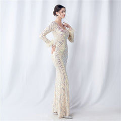 V-Neck Ostrich Feather Sequin Maxi Dress