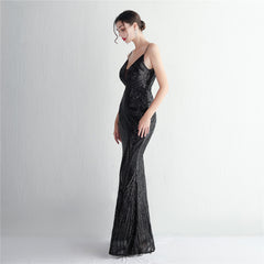 V-Neck Sequin Lace Maxi Dress